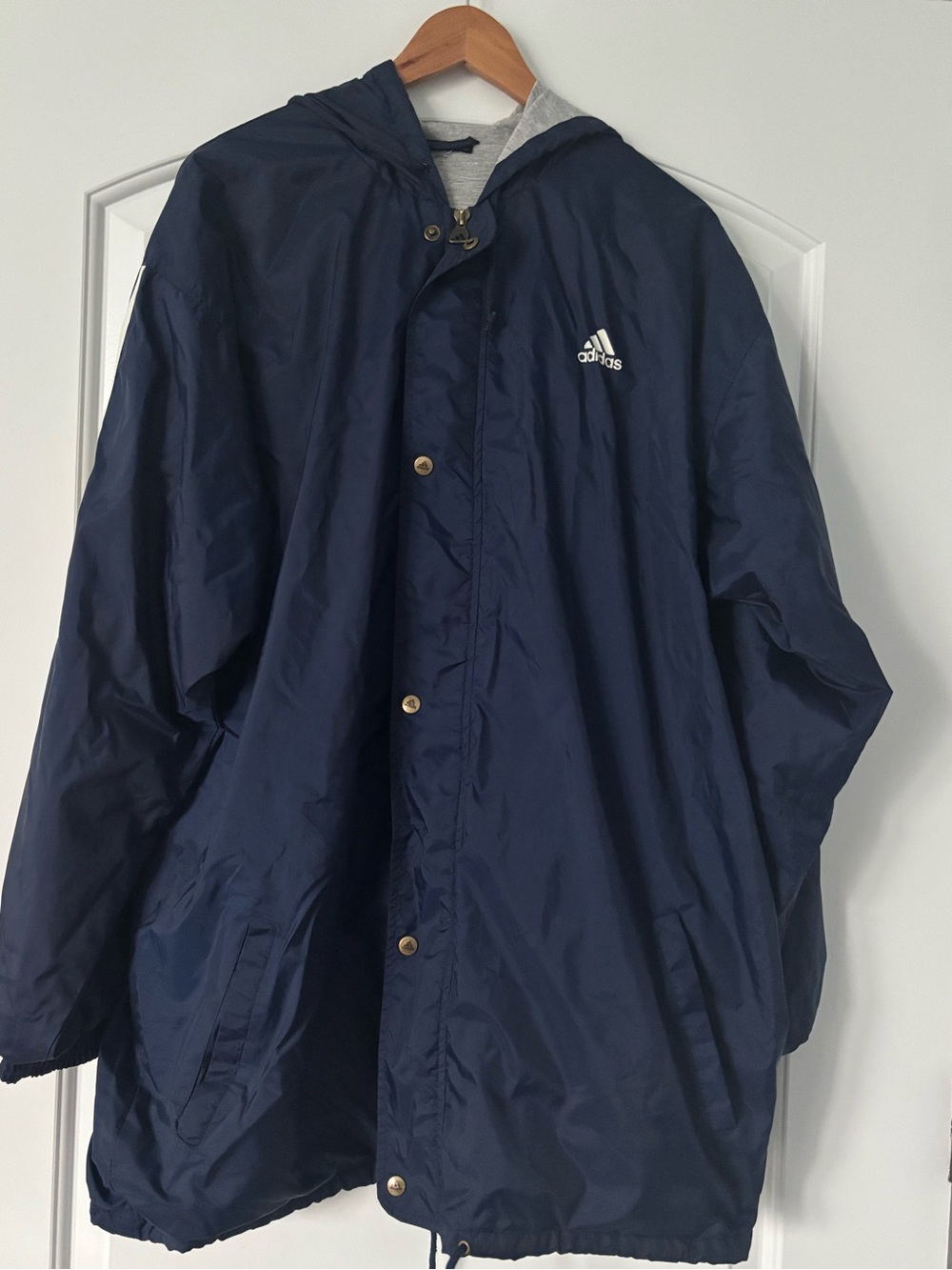 Vintage 90s Adidas Embroidered Logo Hooded Long Windbreaker Jacket Navy Blue XL